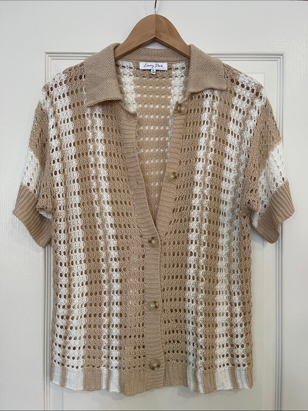 emory park Beige and White Crochet Short-Sleeve Cardigan Sweater